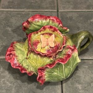 Vintage Majolica Floral Ceramic Teapot with Butterfly Accent